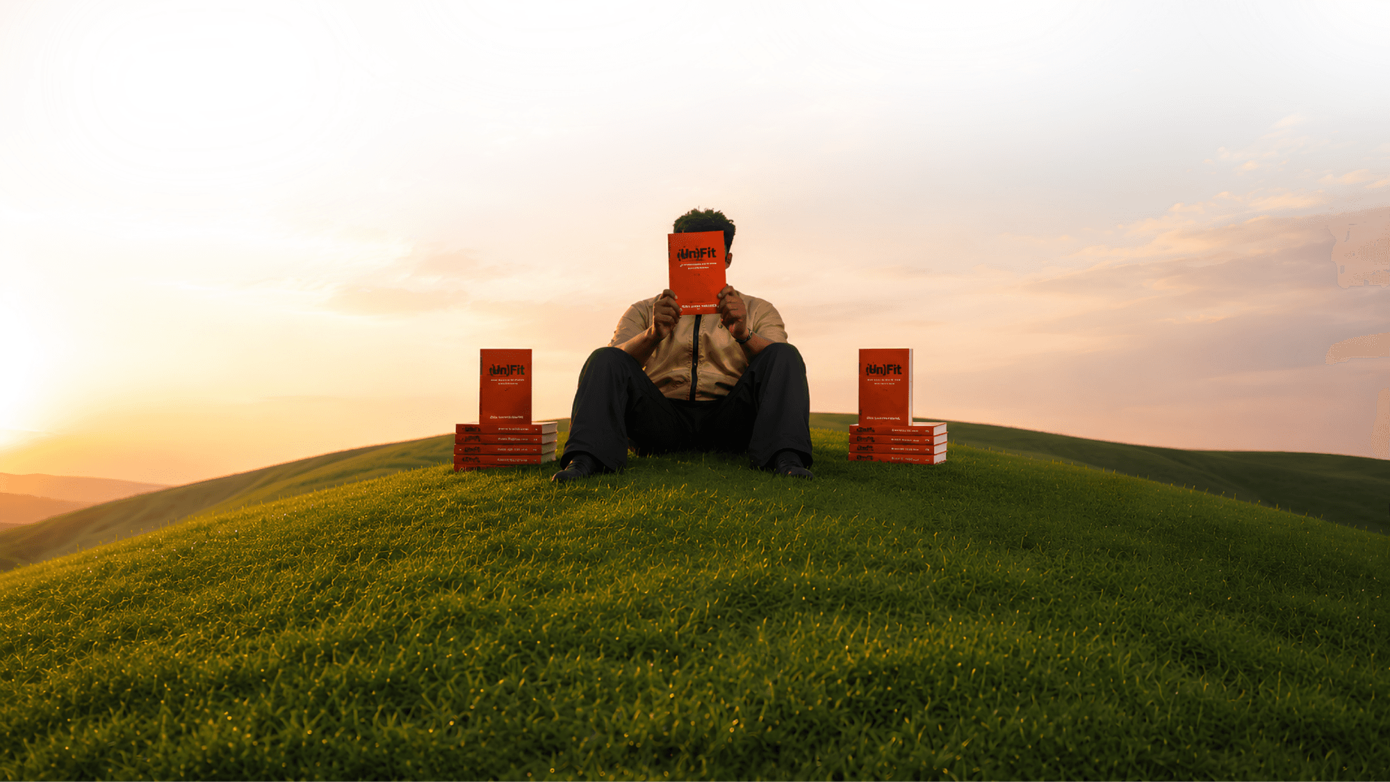 Jeffrey sitting on grass holding his book (un)Fit