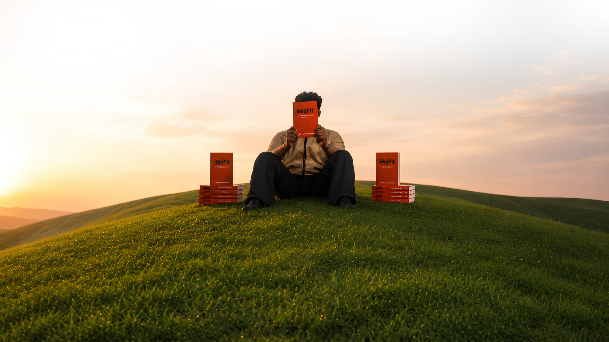 Jeffrey sitting on grass holding his book (un)Fit